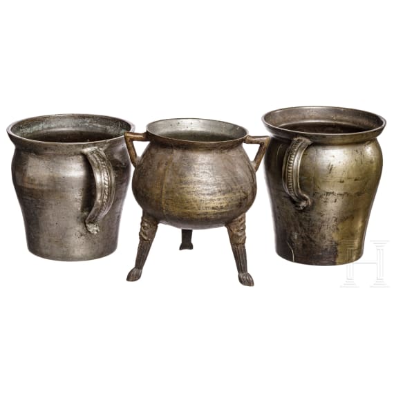 An Alpine bronze cauldron and two bronze pots, 18th century