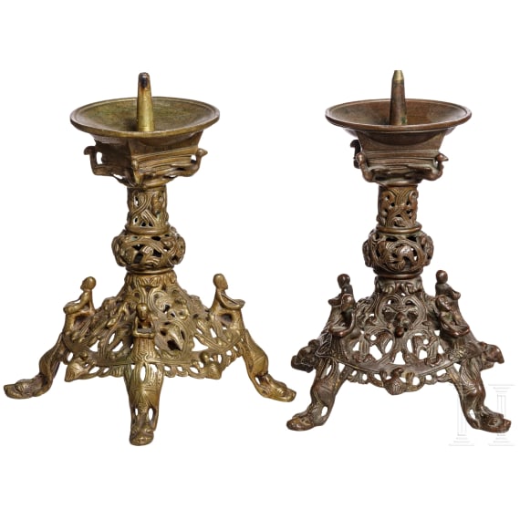 A pair of pricket candle holders, historicism in Romanesque style