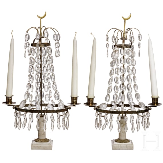 A pair of probably Scandinavian marble, brass and glass girandoles (two lights) in neoclassical style, circa1900