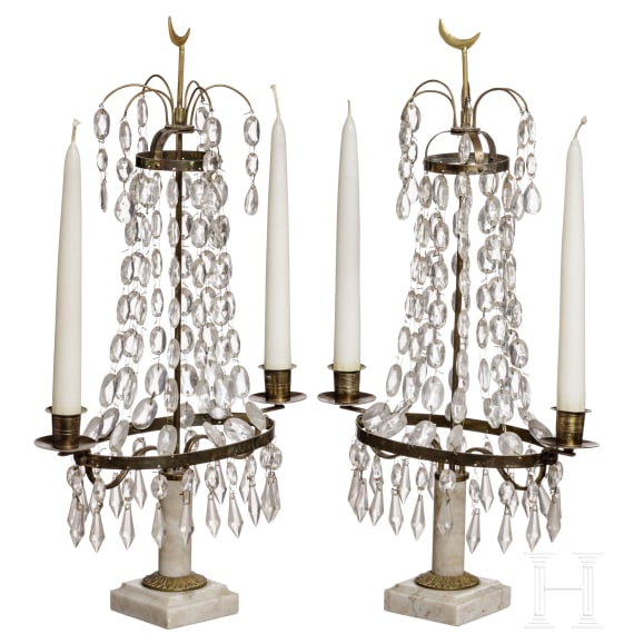 A pair of probably Scandinavian marble, brass and glass girandoles (two lights) in neoclassical style, circa1900