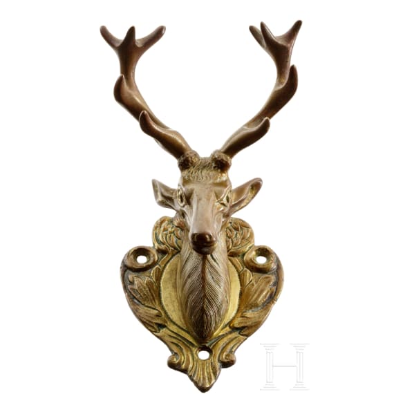 A Nuremberg Baroque-style wall hook in the shape of a deer head, circa 1850