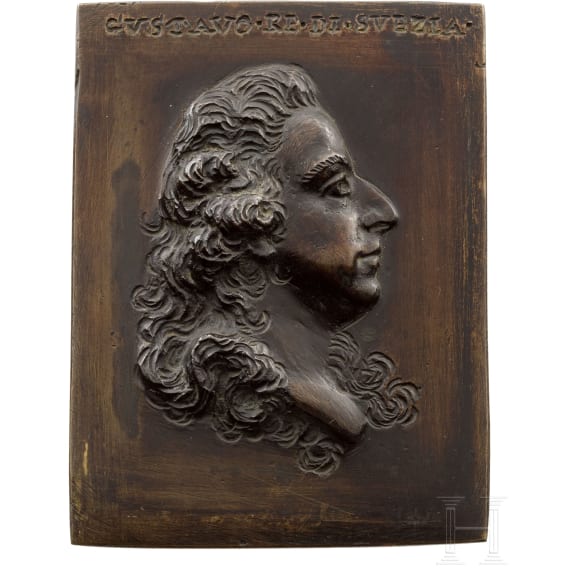 An Italian bronze plaque, showing the head of King Karl X. Gustav of Sweden, ca. 1650