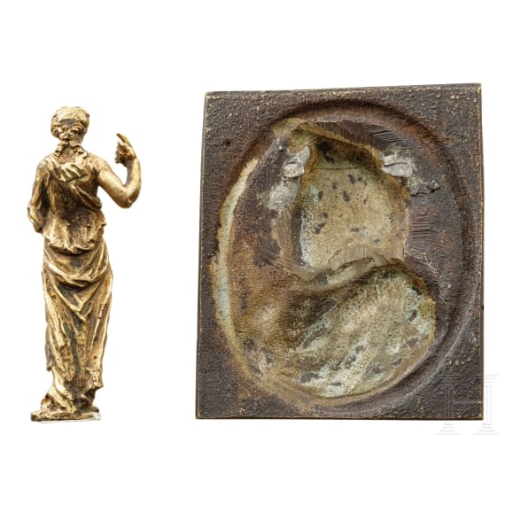 A German bronze plaque and a figurine, 17th century