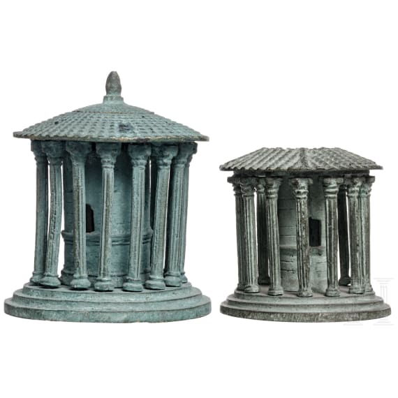 Two Italian Grand Tour objects as ink stands in the shape of temples near Forum Boarium in Rome, circa 1850