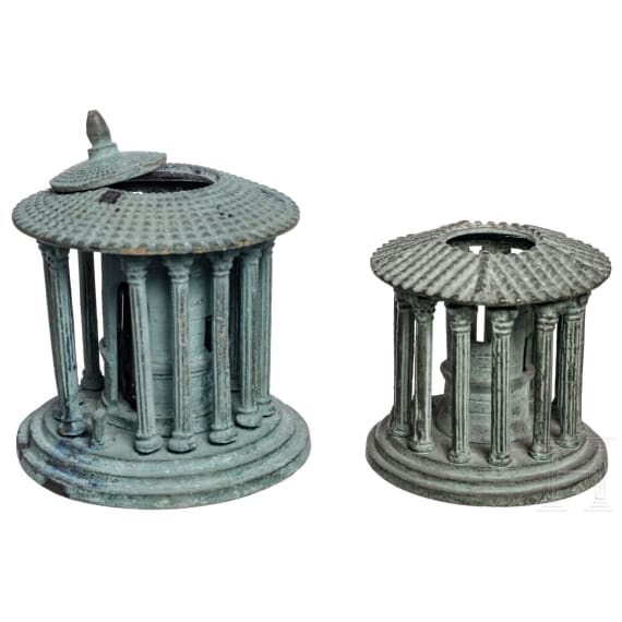 Two Italian Grand Tour objects as ink stands in the shape of temples near Forum Boarium in Rome, circa 1850
