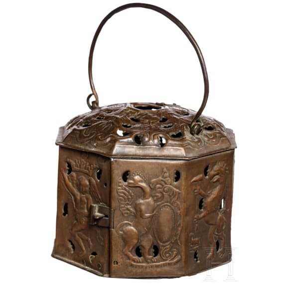 An ornate northern German copper foot warmer, Hannover/Brunswick, circa 1680/90