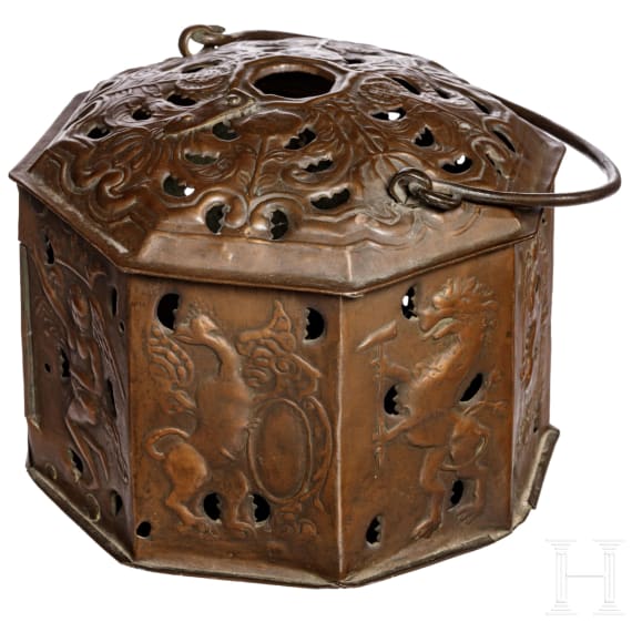 An ornate northern German copper foot warmer, Hannover/Brunswick, circa 1680/90