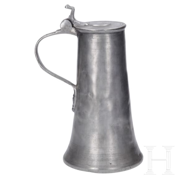 An Austrian broadrim charger and two pewter jugs, Salzurg, 17th and early 18th century