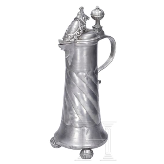 A pair of pewter flagons, Mergentheim, dated 1752 and 1768