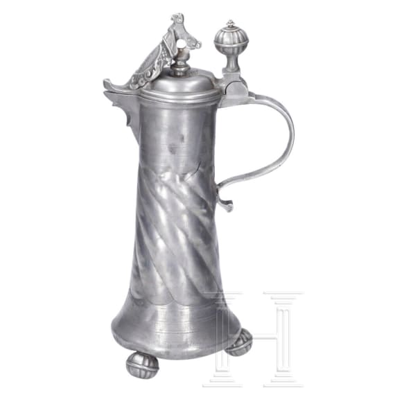 A pair of pewter flagons, Mergentheim, dated 1752 and 1768