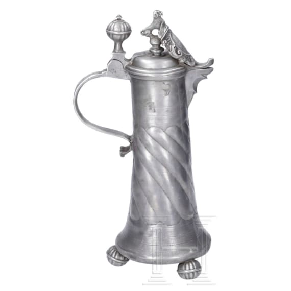 A pair of pewter flagons, Mergentheim, dated 1752 and 1768