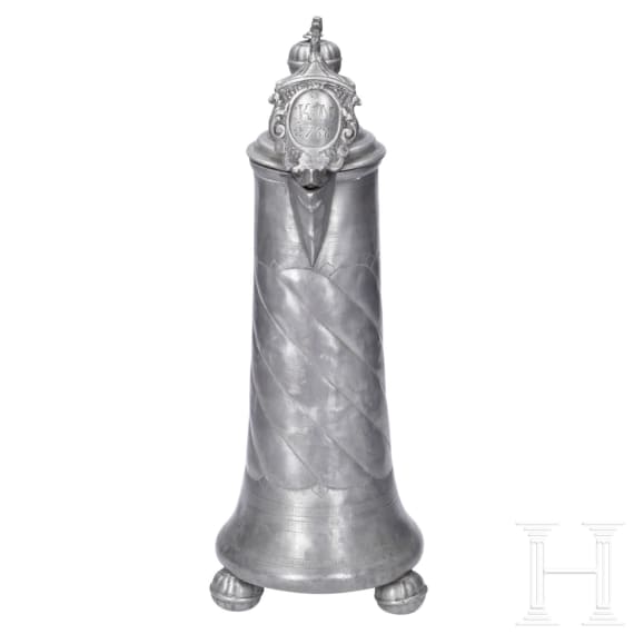 A pair of pewter flagons, Mergentheim, dated 1752 and 1768