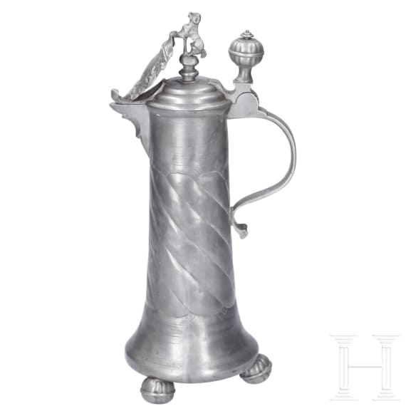 A pair of pewter flagons, Mergentheim, dated 1752 and 1768