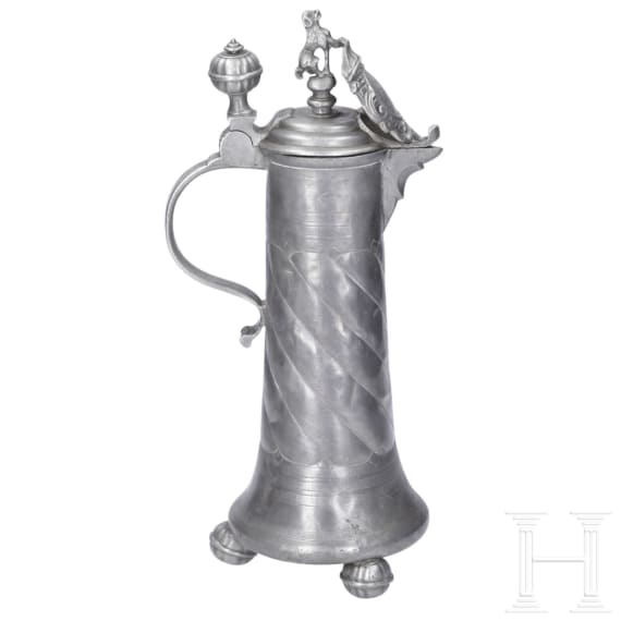 A pair of pewter flagons, Mergentheim, dated 1752 and 1768