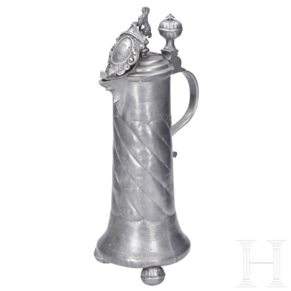 A pair of pewter flagons, Mergentheim, dated 1752 and 1768