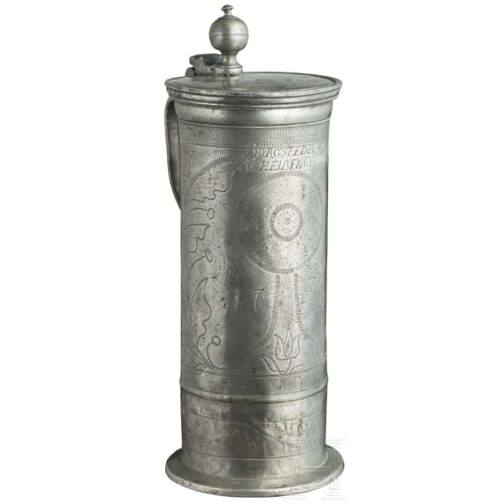 A large tin jug as shooting price for the shooters of Borgstede/Varel, dated 1770