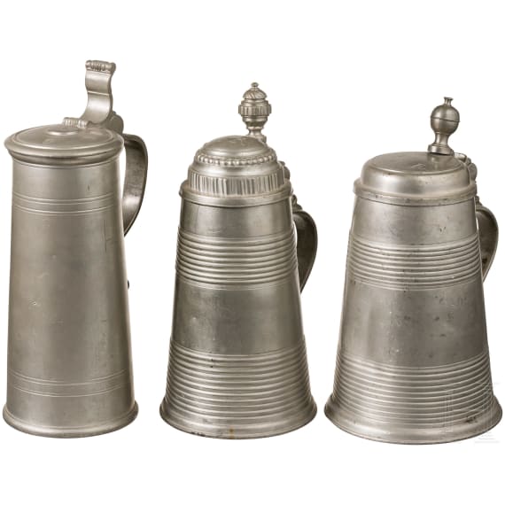 German tin jugs and two drinking jugs, Memmingen, circa 1780