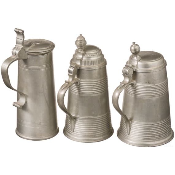 German tin jugs and two drinking jugs, Memmingen, circa 1780