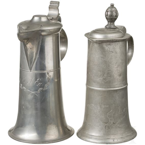 Two German tin jugs, Stuttgart and Nuremberg, 18th and 19th centuries