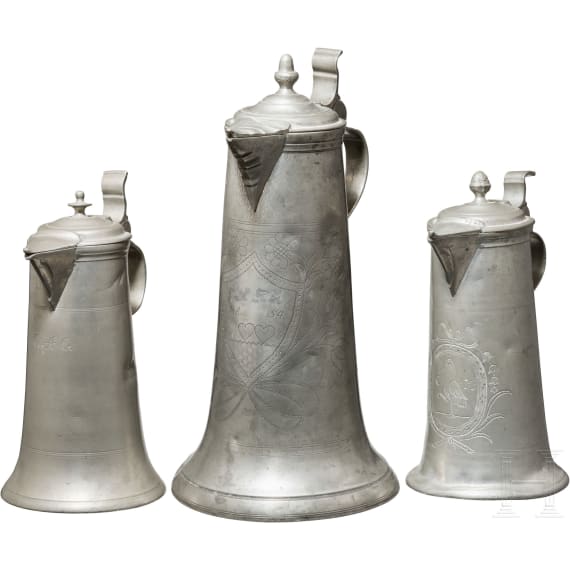 Three German tin jugs, K&uuml;nzelsau, 18th/19th century