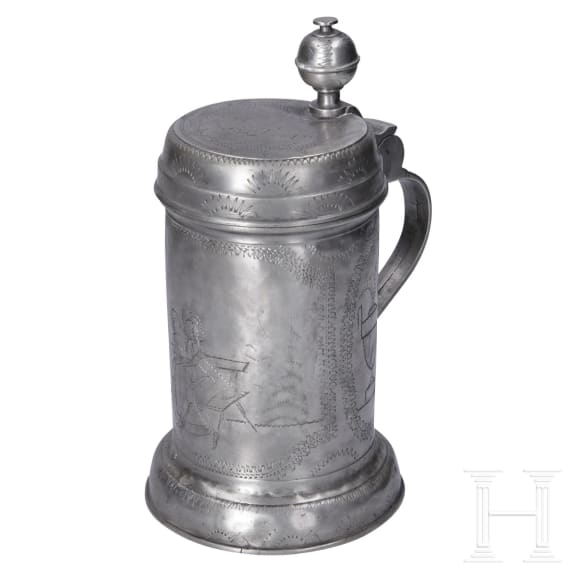 An engraved Saxon pewter jug and chocolate pot, circa 1800