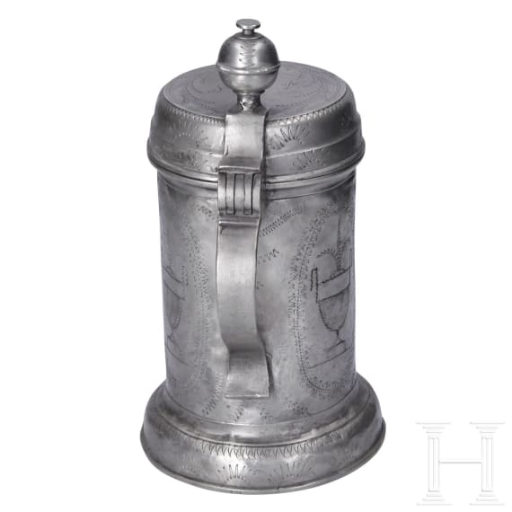 An engraved Saxon pewter jug and chocolate pot, circa 1800