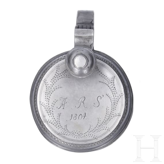 An engraved Saxon pewter jug and chocolate pot, circa 1800
