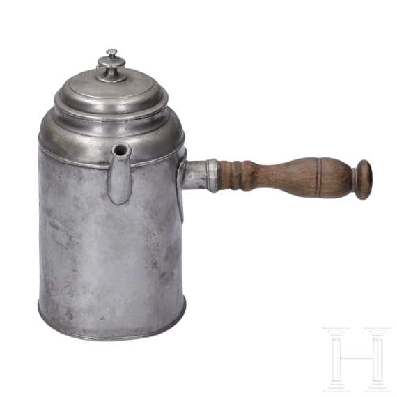 An engraved Saxon pewter jug and chocolate pot, circa 1800