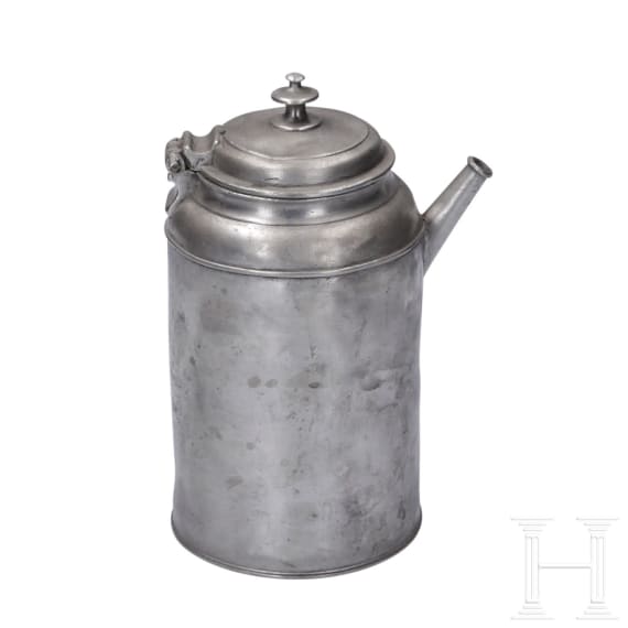 An engraved Saxon pewter jug and chocolate pot, circa 1800