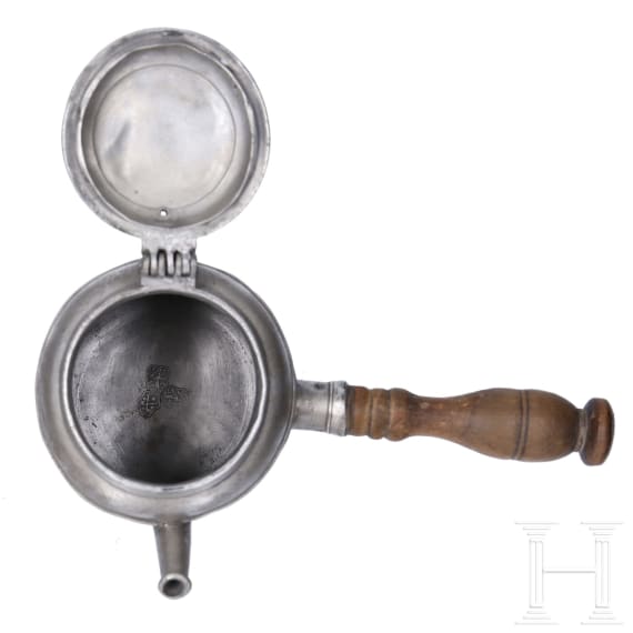An engraved Saxon pewter jug and chocolate pot, circa 1800