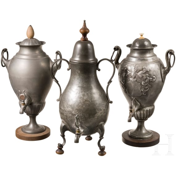 Three tin samovars, Bergisches Land, 1st half of the 19th century