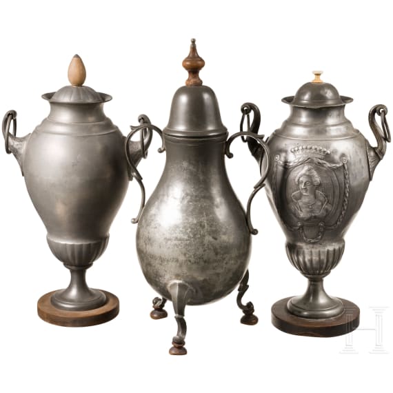 Three tin samovars, Bergisches Land, 1st half of the 19th century