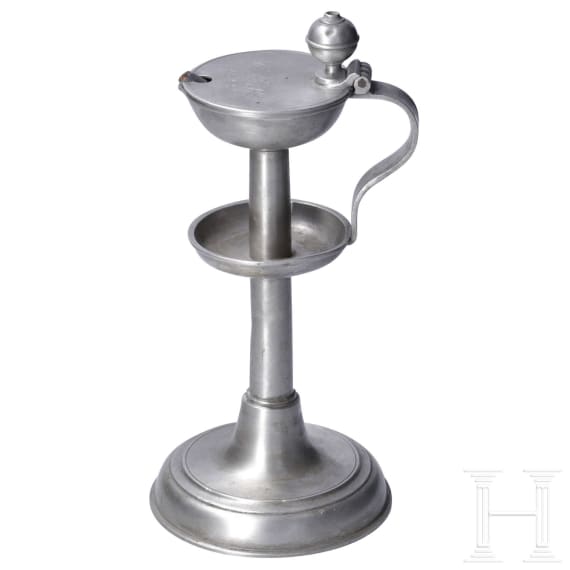 Two Saxon pewter oil lamps, circa 1840/50