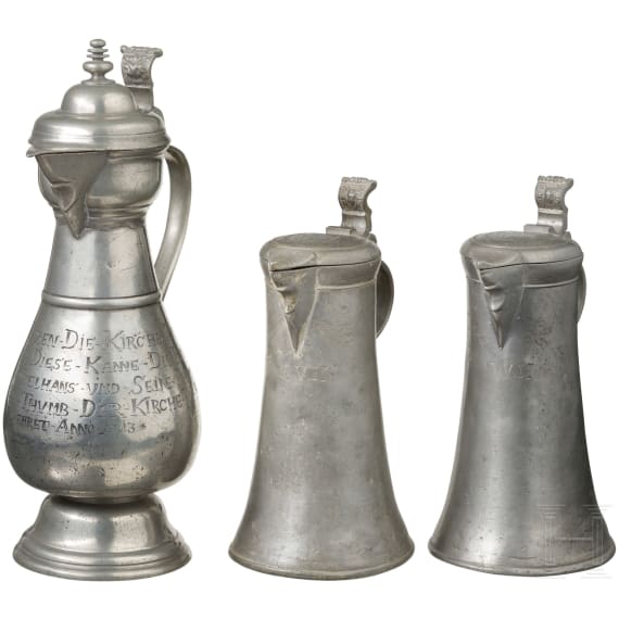 Three tin jugs in Baroque style, Historicism, 19th/20th century