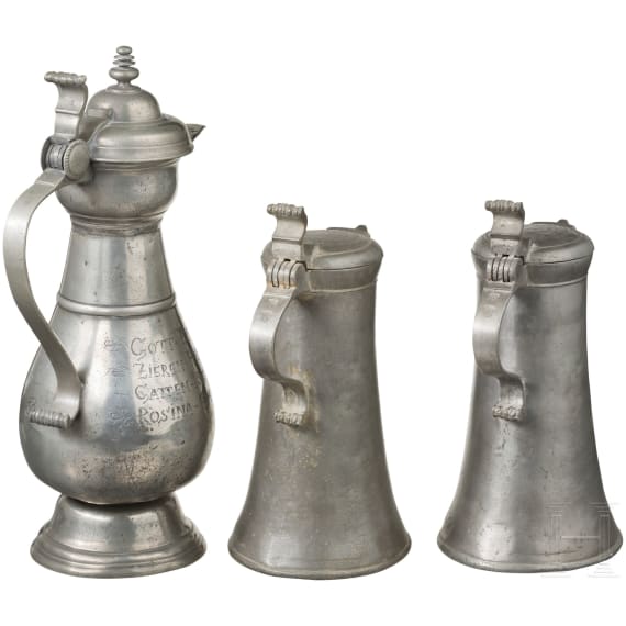 Three tin jugs in Baroque style, Historicism, 19th/20th century