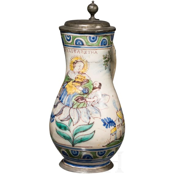 An Austrian faience pear jug with St. Elisabeth, Gmunden, dated 1763