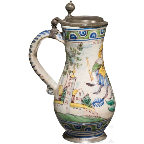 An Austrian faience pear jug with St. Elisabeth, Gmunden, dated 1763