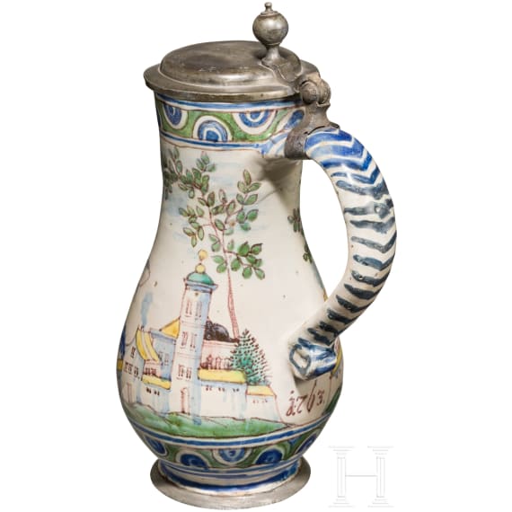 An Austrian faience pear jug with St. Elisabeth, Gmunden, dated 1763
