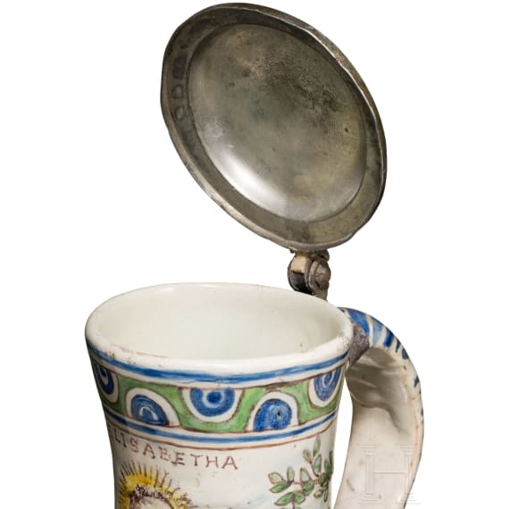 An Austrian faience pear jug with St. Elisabeth, Gmunden, dated 1763