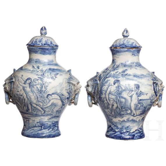 A pair of large Italian Fayance cover vases, 19th century