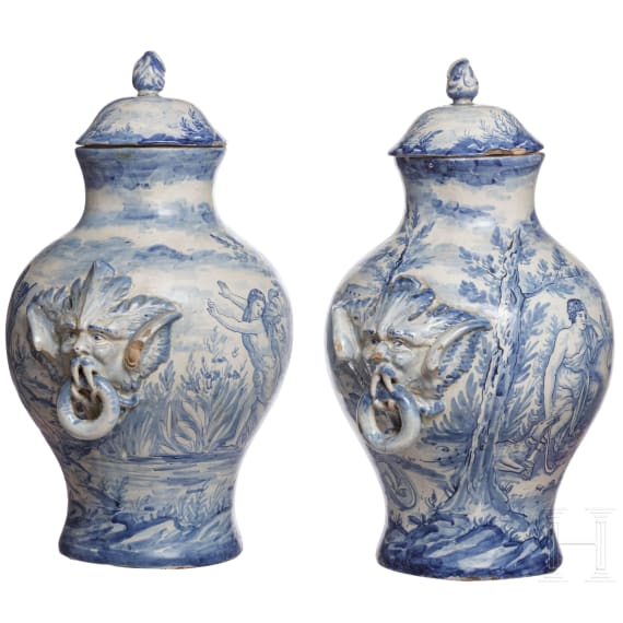 A pair of large Italian Fayance cover vases, 19th century