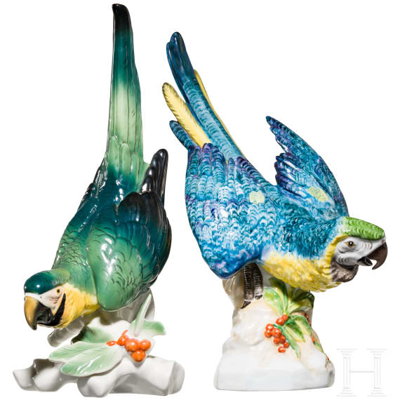 Two German parrot figures, 20th century