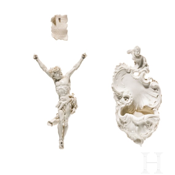 A white porcelain crucifix with holy water basin in Baroque style, probably after a design by Franz Anton Bustelli (circa 1720 - 1763), Nymphenburg, 20th century