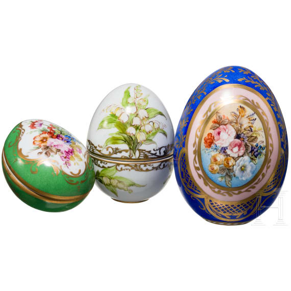 Three hand-painted porcelain eggs, Limoges, 20th century