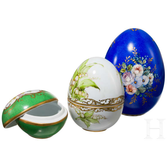 Three hand-painted porcelain eggs, Limoges, 20th century