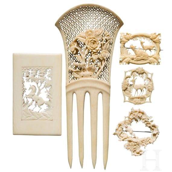 Four German ivory miniatures and a comb, Erbach, circa 1900