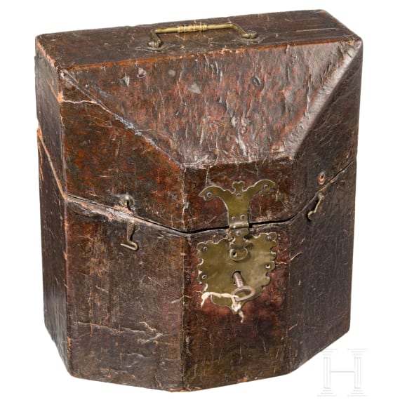 A Southern German leather covered wooden core Baroque casket, 18th century