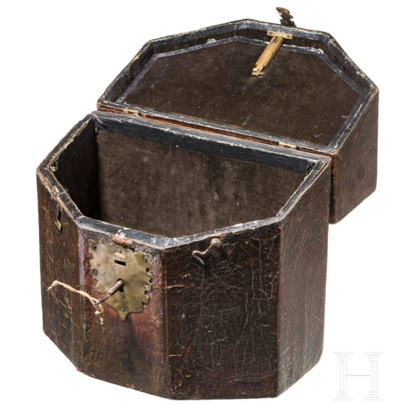 A Southern German leather covered wooden core Baroque casket, 18th century