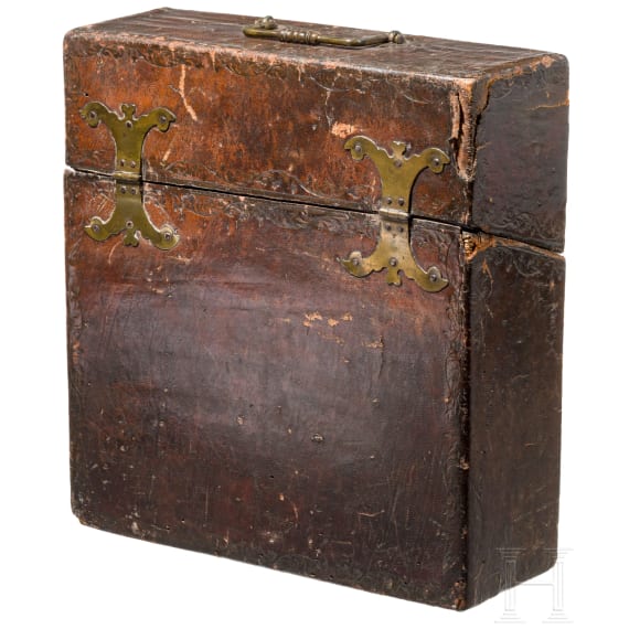 A Southern German leather covered wooden core Baroque casket, 18th century