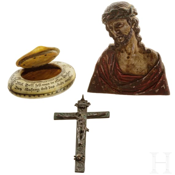 A Sterzing snuffbox, and two religious objects, ca. 1800